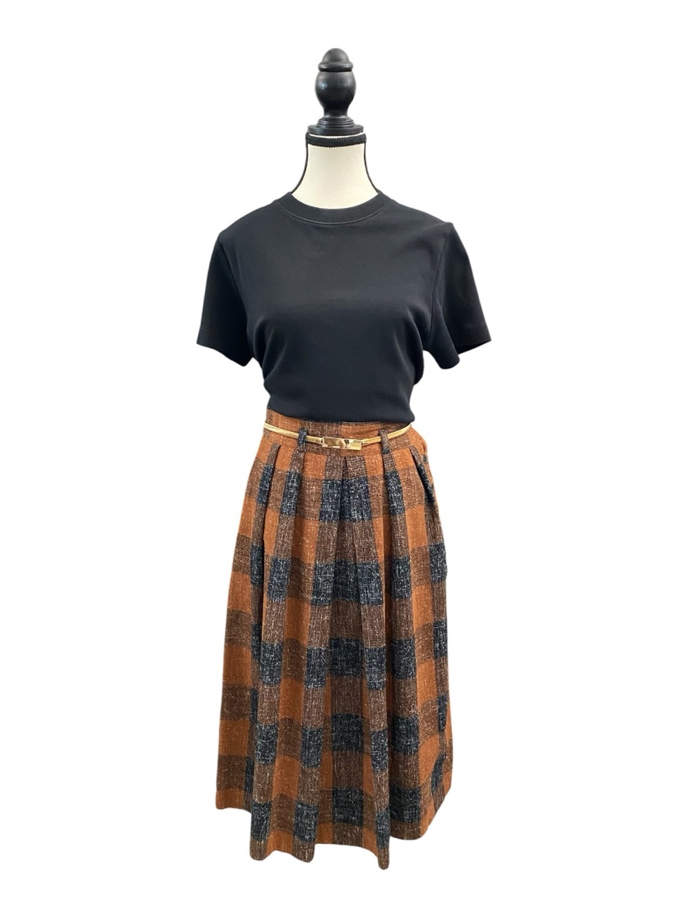 Vintage retro plaid skirt, size S, wool/polyester blend, feminine